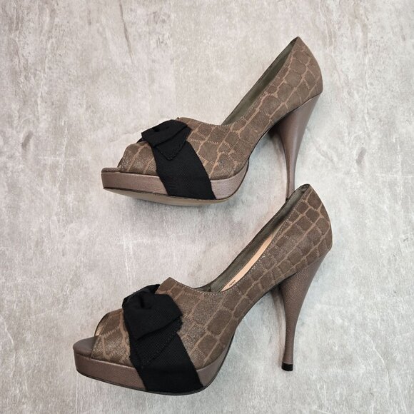 Platform Stiletto High Heels 8.5 Brown Suede Croc Dressy Retro Peep Toe Bow Pump - Picture 6 of 10